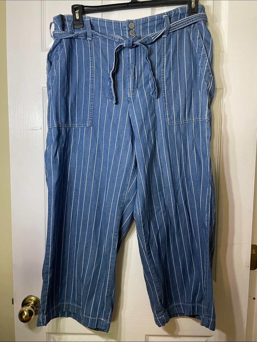 Seven7 Blue Pinstripe Wide-Leg Pants with Self-Tie Waist